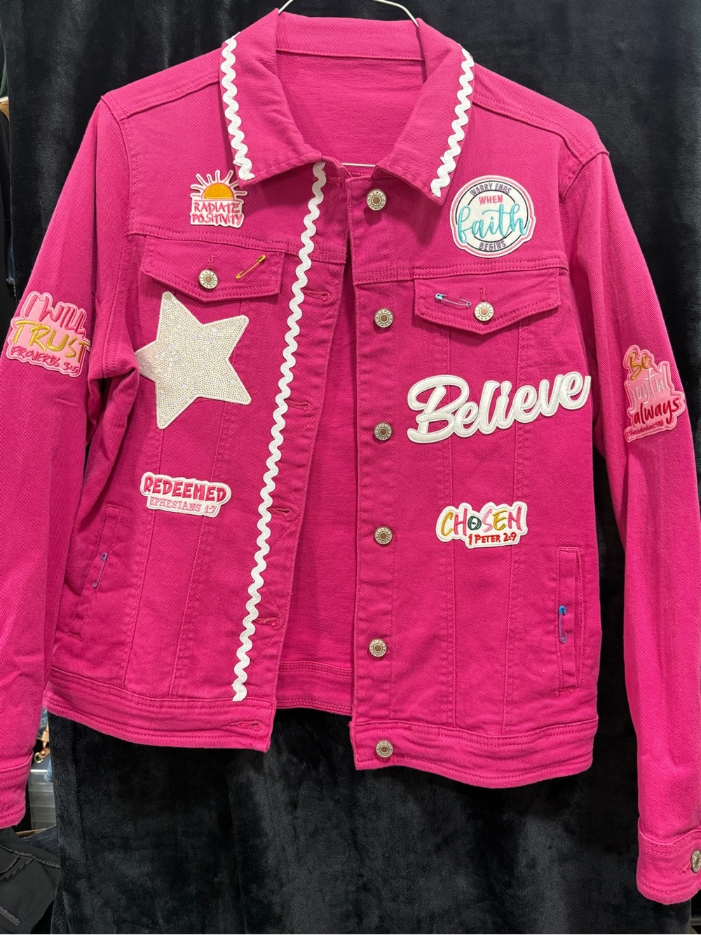 Bright Pink Embroidered Patch Denim Jacket - Believe Design